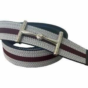 Hermes Silver Horsebit Buckle Reversible 2-Tone Web Strap Belt Size Medium